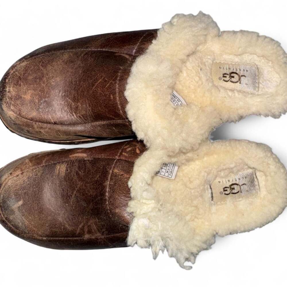 Vintage UGG Australia Brown Leather Sheepskin Clog Heels Size 7 - Picture 2 of 4